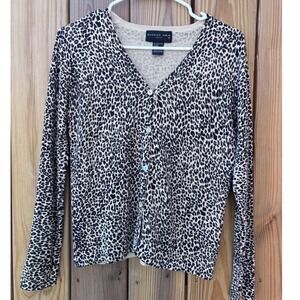 August Silk Leopard Print Cardigan Sweater 100% Silk V-Neck Women Medium